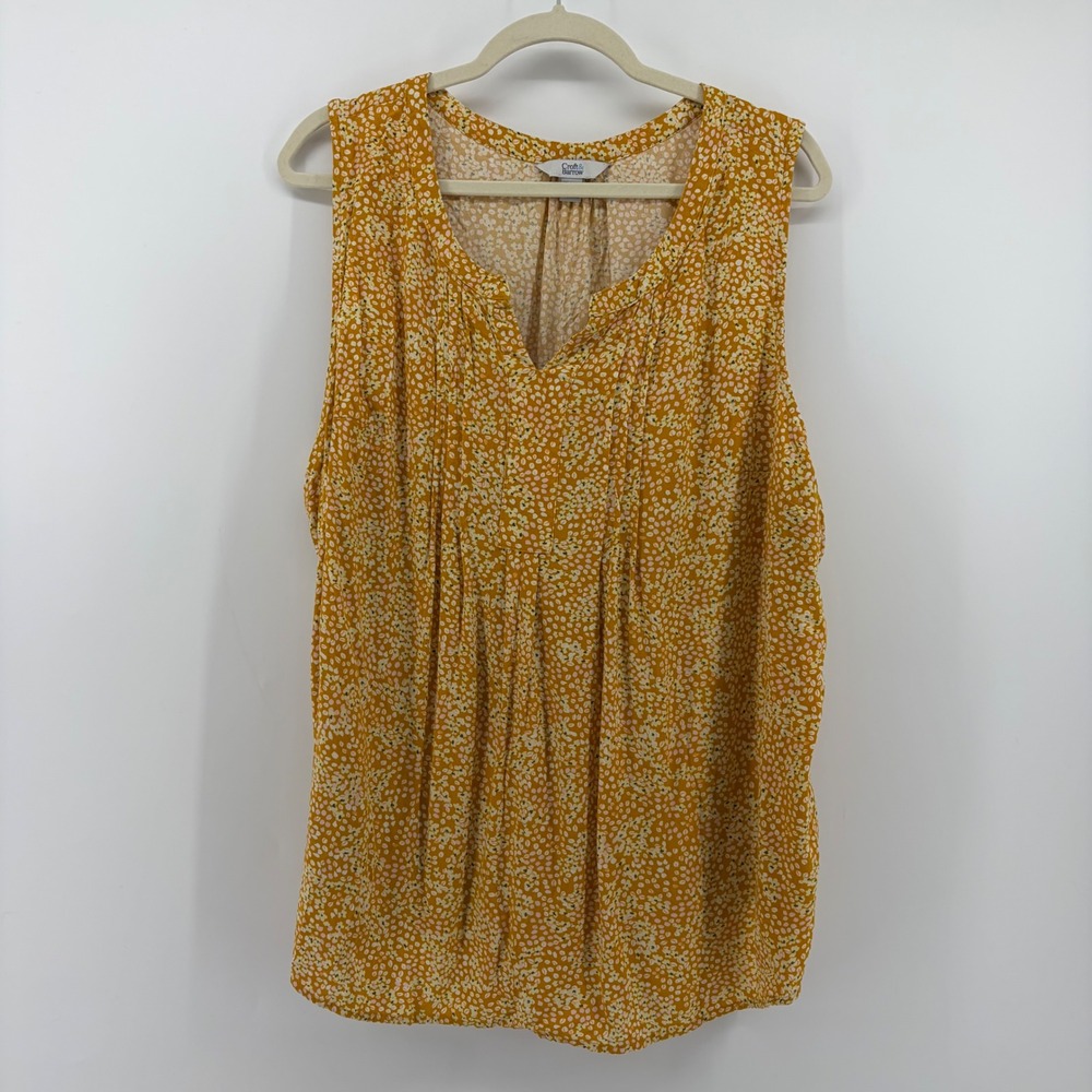 Croft & Barrow Womens 2X Yellow Tank Top Floral Pleated Split Neck Rayon Blouse